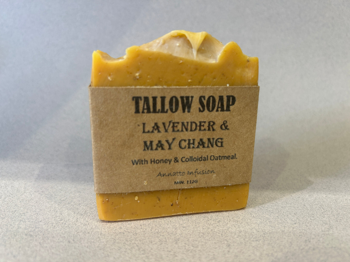 Tallow Soap. Lavender, May Chang. Honey & Colloidal Oatmeal. Annatto Infusion