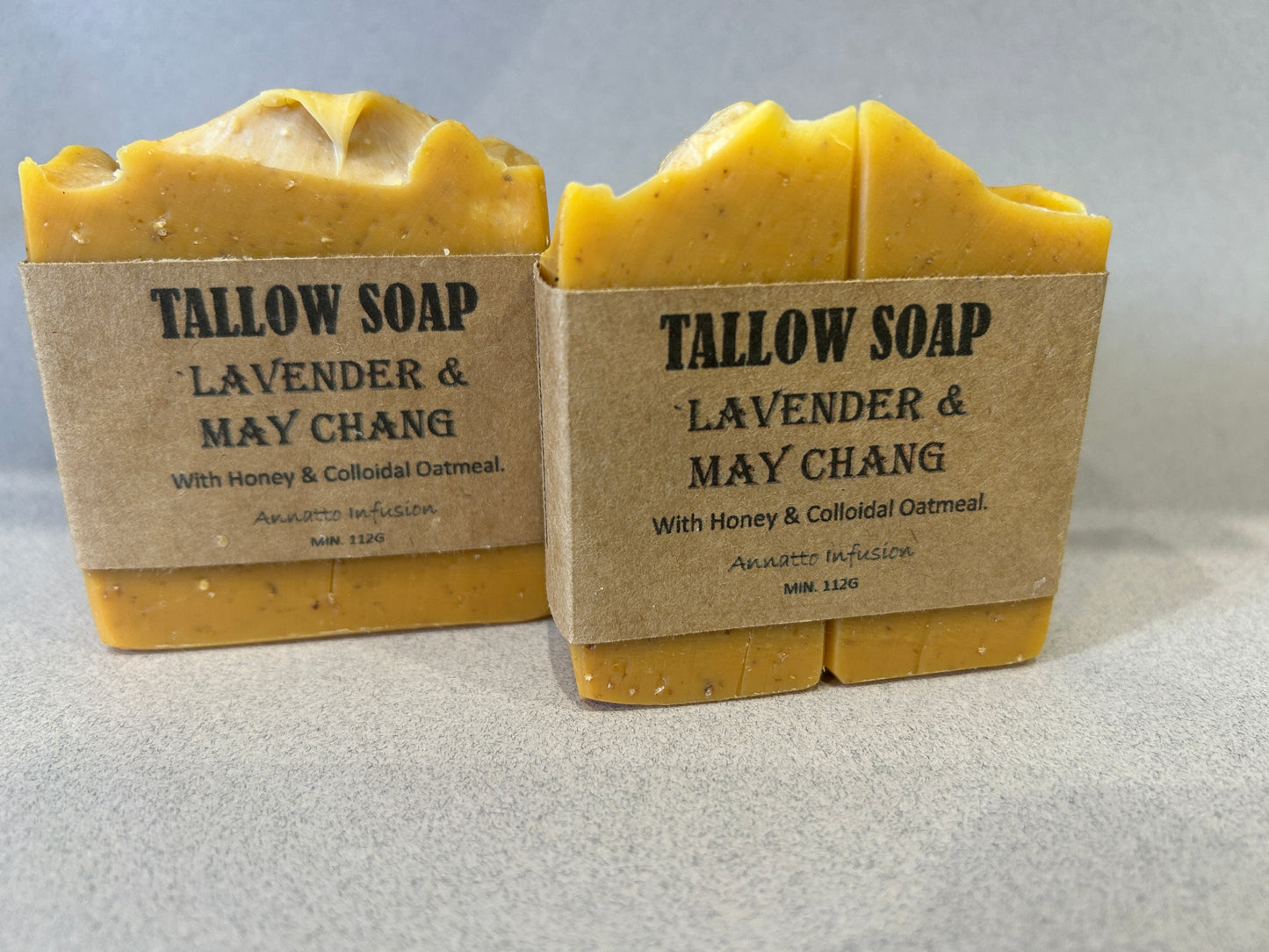 Tallow Soap. Lavender, May Chang.  Honey & Colloidal Oatmeal.  Annatto Infusion