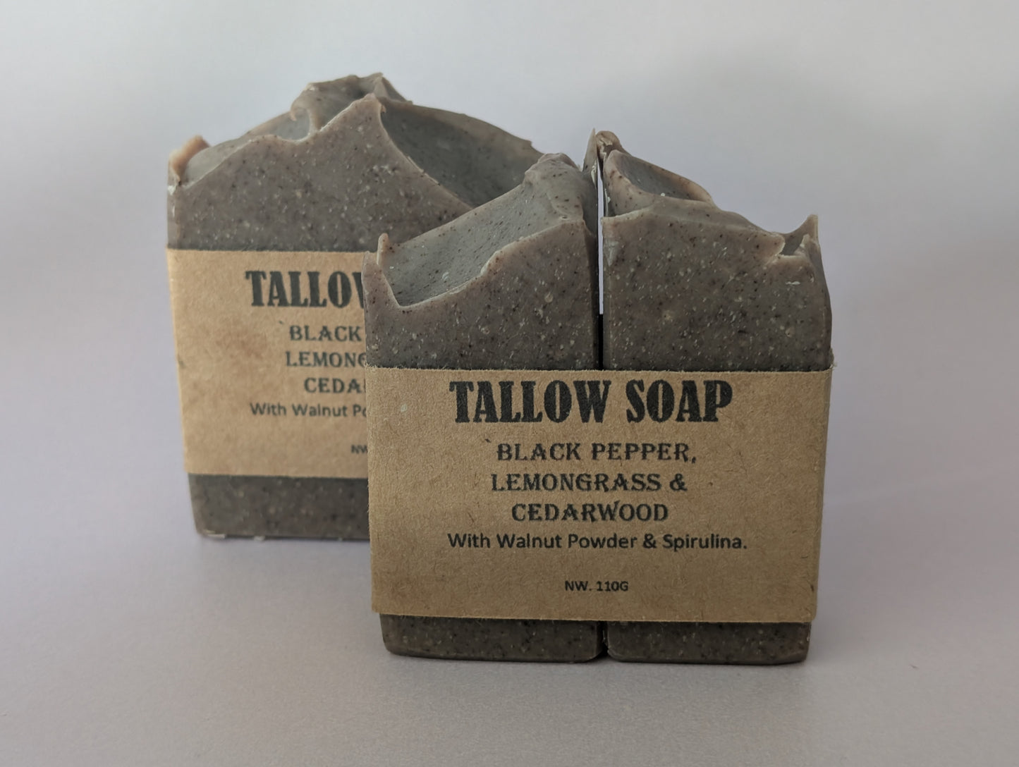 Tallow Soap. Black Pepper, Lemongrass, Cedarwood, Walnut Powder & Spirulina