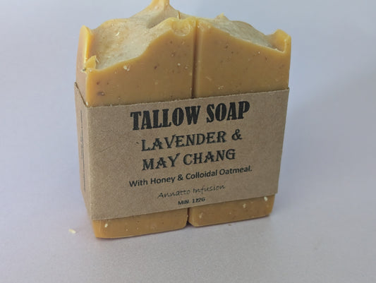 Tallow Soap. Lavender, May Chang.  Honey & Colloidal Oatmeal.  Annatto Infusion